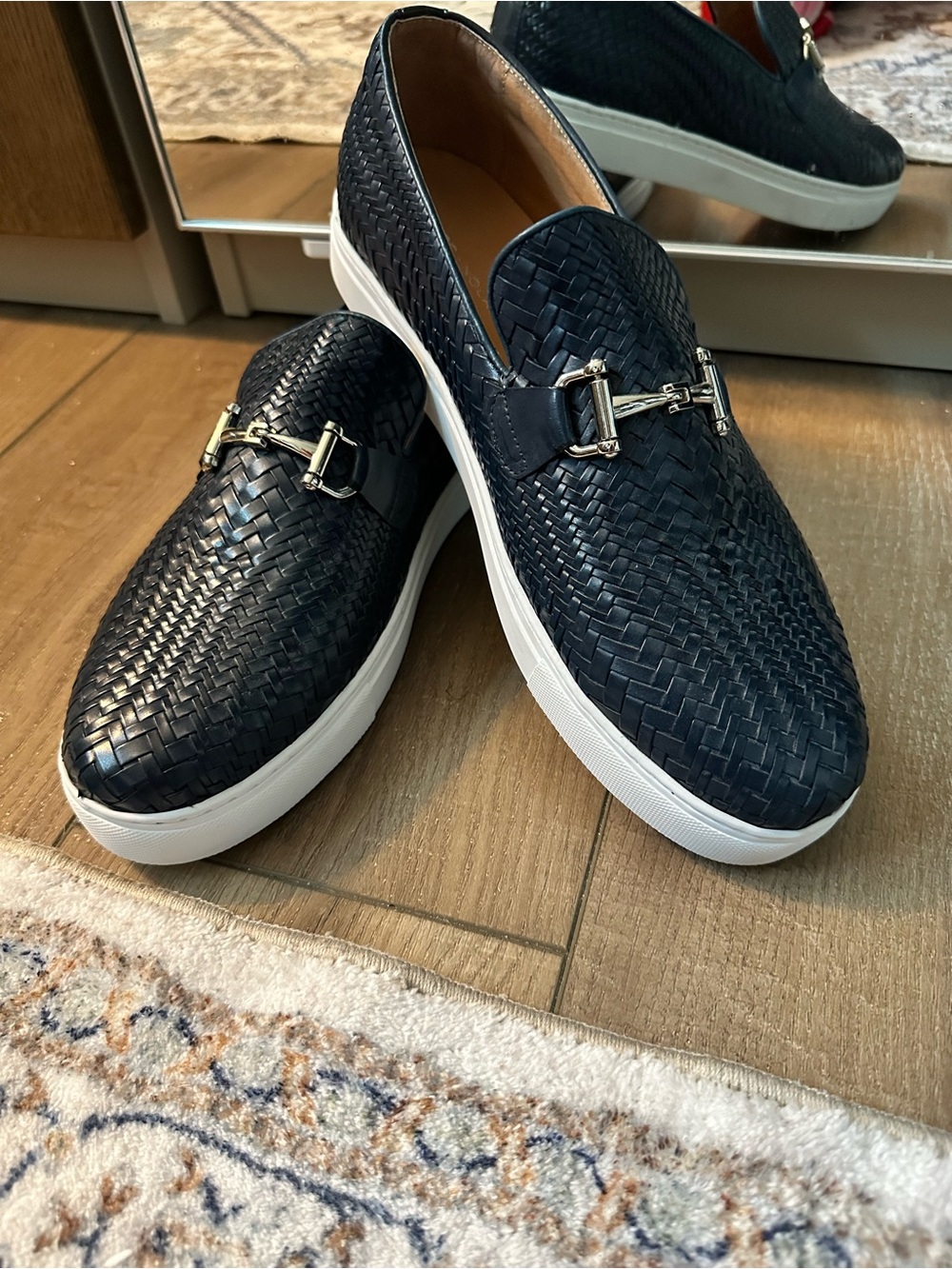 Men’s Navy Woven Leather Slip-On Sneakers with Gold Bit Marc Nolan